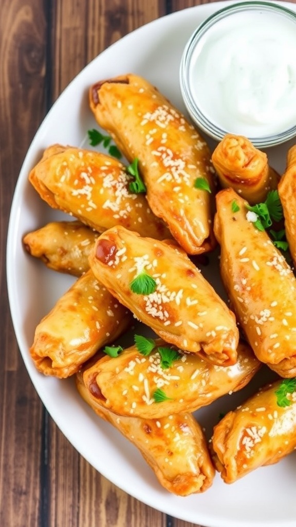 Crispy Garlic Parmesan Chicken Wings garnished with parsley and served with ranch dressing on a wooden table.